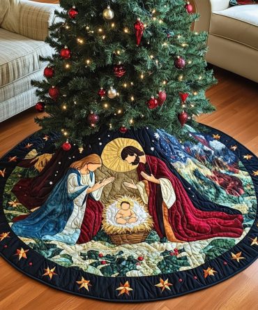 Blessed Arrival Holiday Tree Skirt - Handcrafted Christmas Tree Skirt, Nativity-Inspired Design, Custom Size & Embroidery
