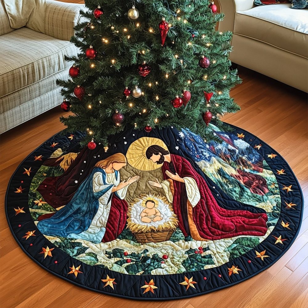 Blessed Arrival Holiday Tree Skirt - Handcrafted Christmas Tree Skirt, Nativity-Inspired Design, Custom Size & Embroidery
