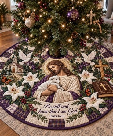 Blessed By His Love Christmas Tree Skirt — Handmade Religious Holiday Skirt, Personalized & Custom Sizing Available