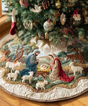 Blessed Miracle Holiday Tree Skirt - Handmade Christmas Tree Skirt With Angelic Motif, Customizable & Premium Fabric