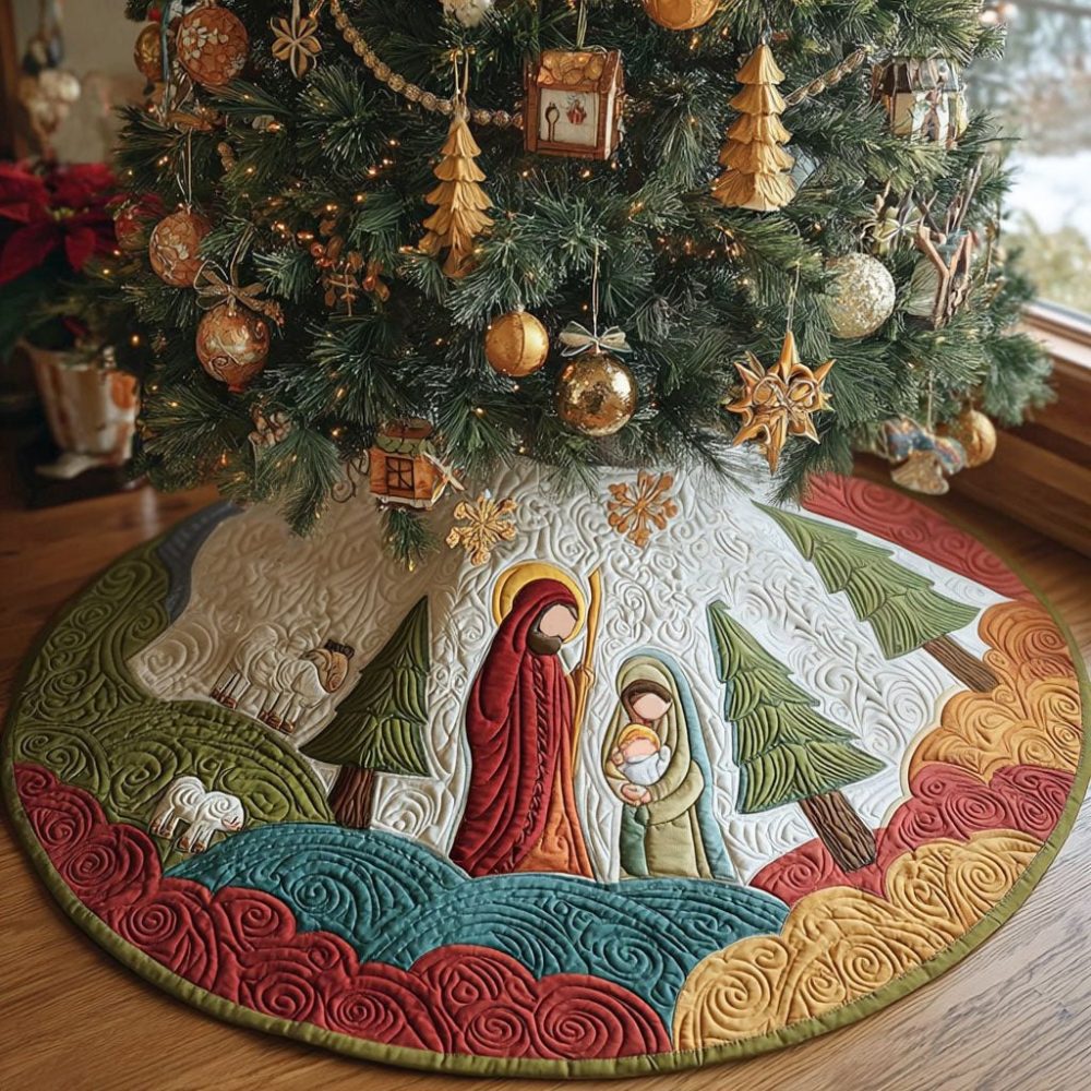 Blessed Nativity Illustrated Tree Skirt - Handcrafted Christmas Tree Skirt With Nativity Scene, Custom Embroidery & Sizes