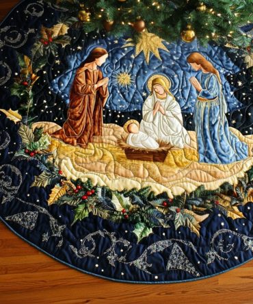 Blessed Night Starry Holiday Tree Skirt - Handcrafted Christmas Tree Skirt, Star Motif, Custom Size & Personalization Available