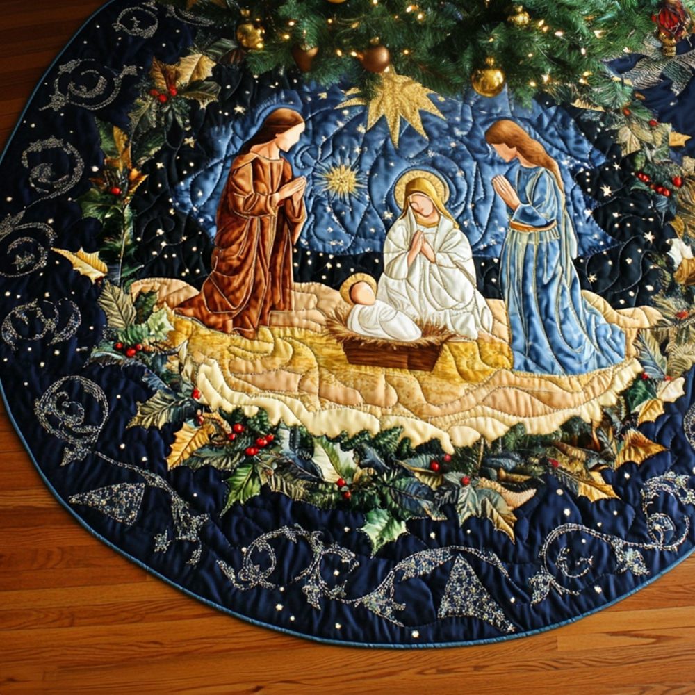Blessed Night Starry Holiday Tree Skirt - Handcrafted Christmas Tree Skirt, Star Motif, Custom Size & Personalization Available