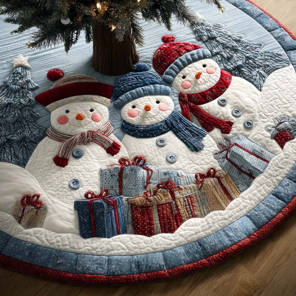 Blue Forest Snow Family Holiday Tree Skirt — Made-To-Order Blue Woodland Christmas Skirt, Soft Family-Friendly Seasonal Décor