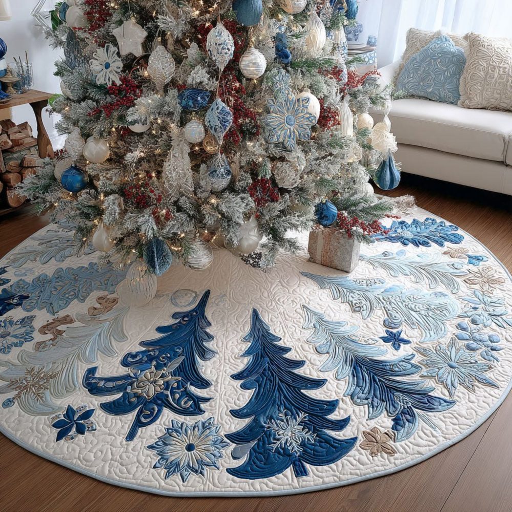 Frosted Blue Pine Holiday Tree Skirt - Custom-Made Christmas Tree Skirt With Frost Pine Pattern, Soft Backing, Elegant Decor