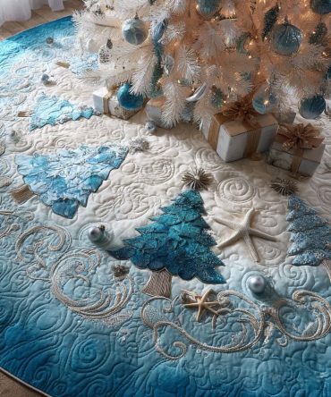Blue Haven Coastal Holiday Tree Skirt - Handmade Christmas Tree Skirt, Soft Luxe Fabric, Custom Size & Monogram Options