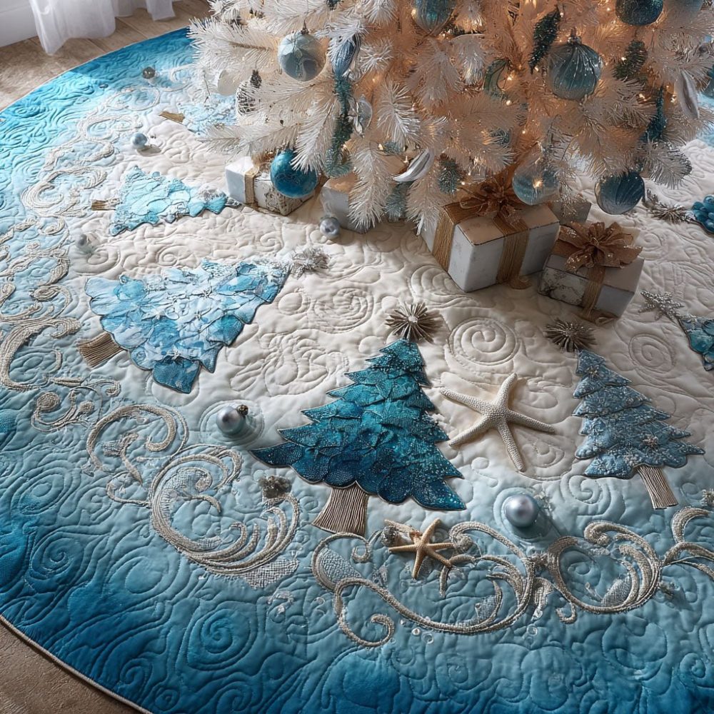 Blue Haven Coastal Holiday Tree Skirt - Handmade Christmas Tree Skirt, Soft Luxe Fabric, Custom Size & Monogram Options