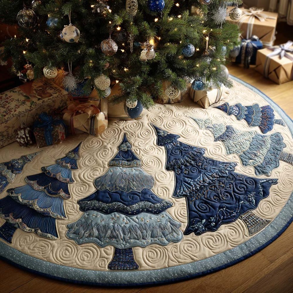 Handmade Blue Pine Motif Holiday Tree Skirt - Custom Christmas Tree Skirt, Premium Cotton Blend, Perfect Seasonal Decor