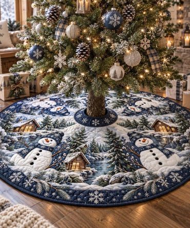 Blue Snowman Village Holiday Tree Skirt — Custom Blue Snowman & Village Christmas Tree Skirt, Handmade For Charming Winter Displays