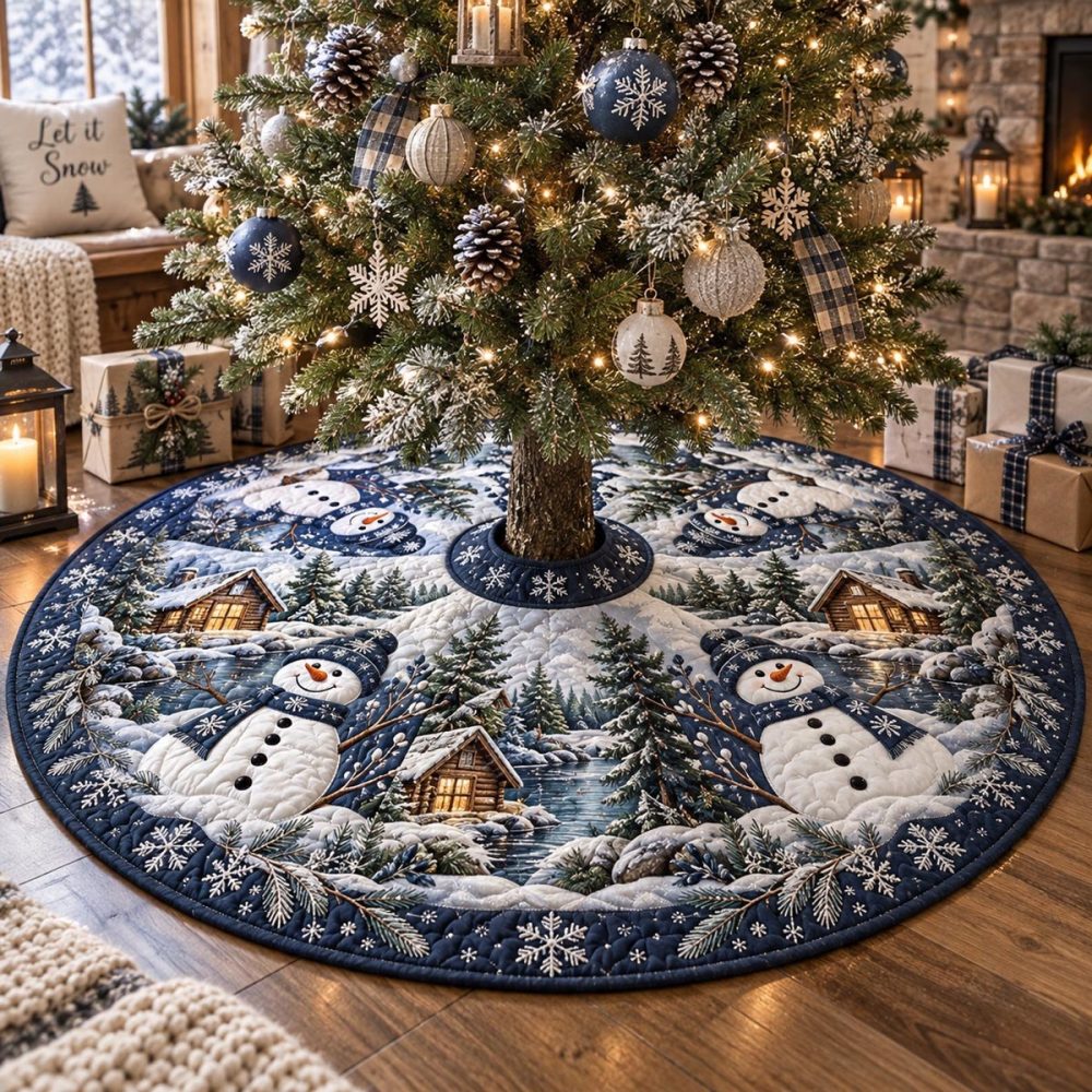 Blue Snowman Village Holiday Tree Skirt — Custom Blue Snowman & Village Christmas Tree Skirt, Handmade For Charming Winter Displays