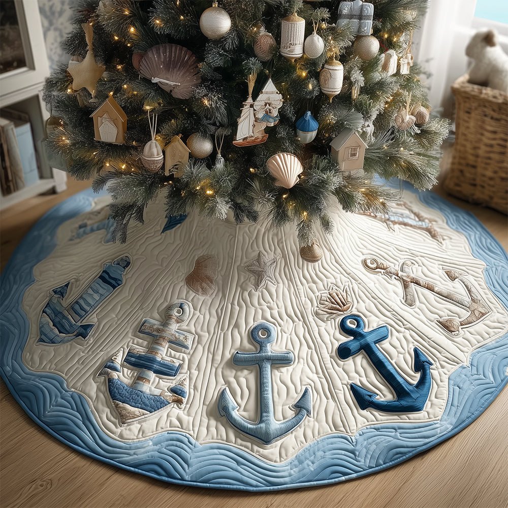 Blue Stripe Anchor Nautical Tree Skirt — Custom Handmade Christmas Skirt With Anchor Design, Durable Marine Fabric & Custom Sizes
