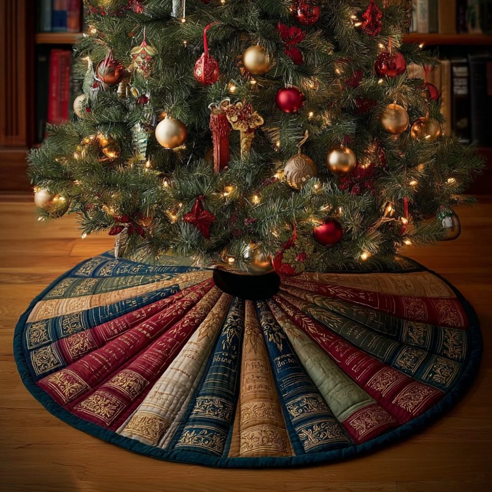 Book Haven Holiday Tree Skirt — Handmade Christmas Skirt For Bibliophiles, Customizable Book-Themed Design, Soft Felt & Gift Packaging