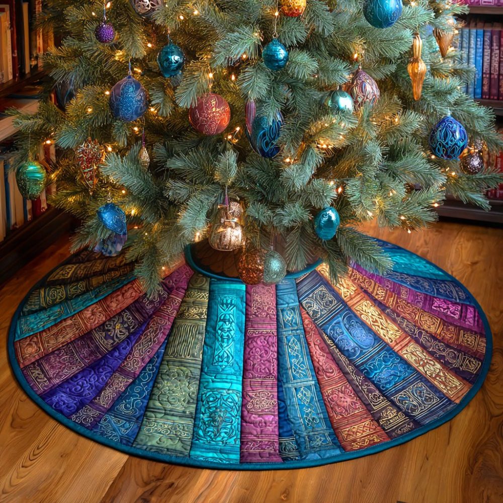 Booklight Dreams Literary Christmas Tree Skirt — Handmade Holiday Skirt For Book Lovers, Custom Design, Soft Fabric & Gift-Ready
