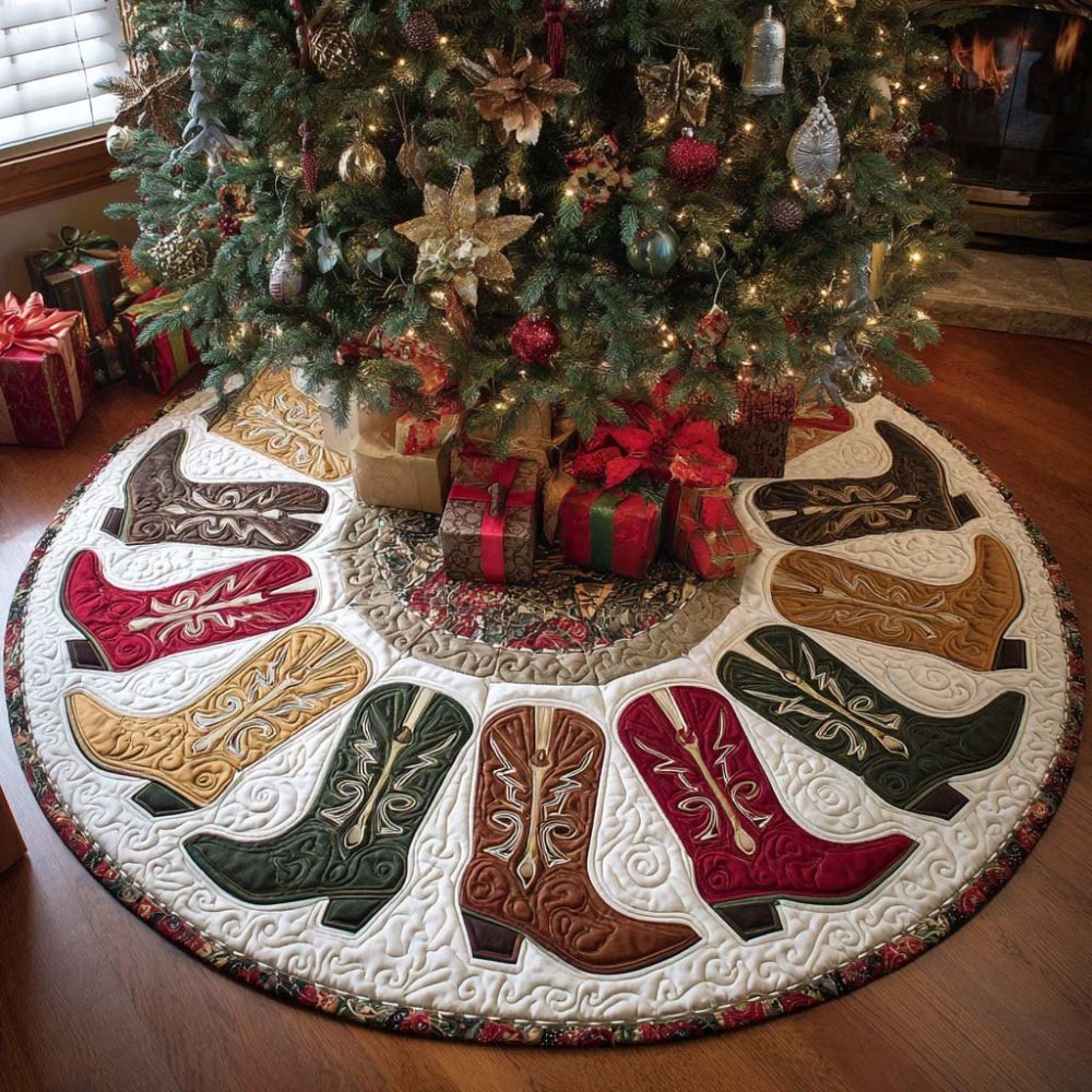 Boot Hill Western Christmas Tree Skirt — Rustic Handmade Holiday Tree Skirt With Cowboy Motif, Custom Sizes & Durable Fabric