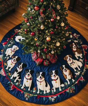 Navy Border Collie Christmas Tree Skirt - Classic Dark Blue Holiday Tree Collar Featuring Border Collie Designs, Custom & Handcrafted