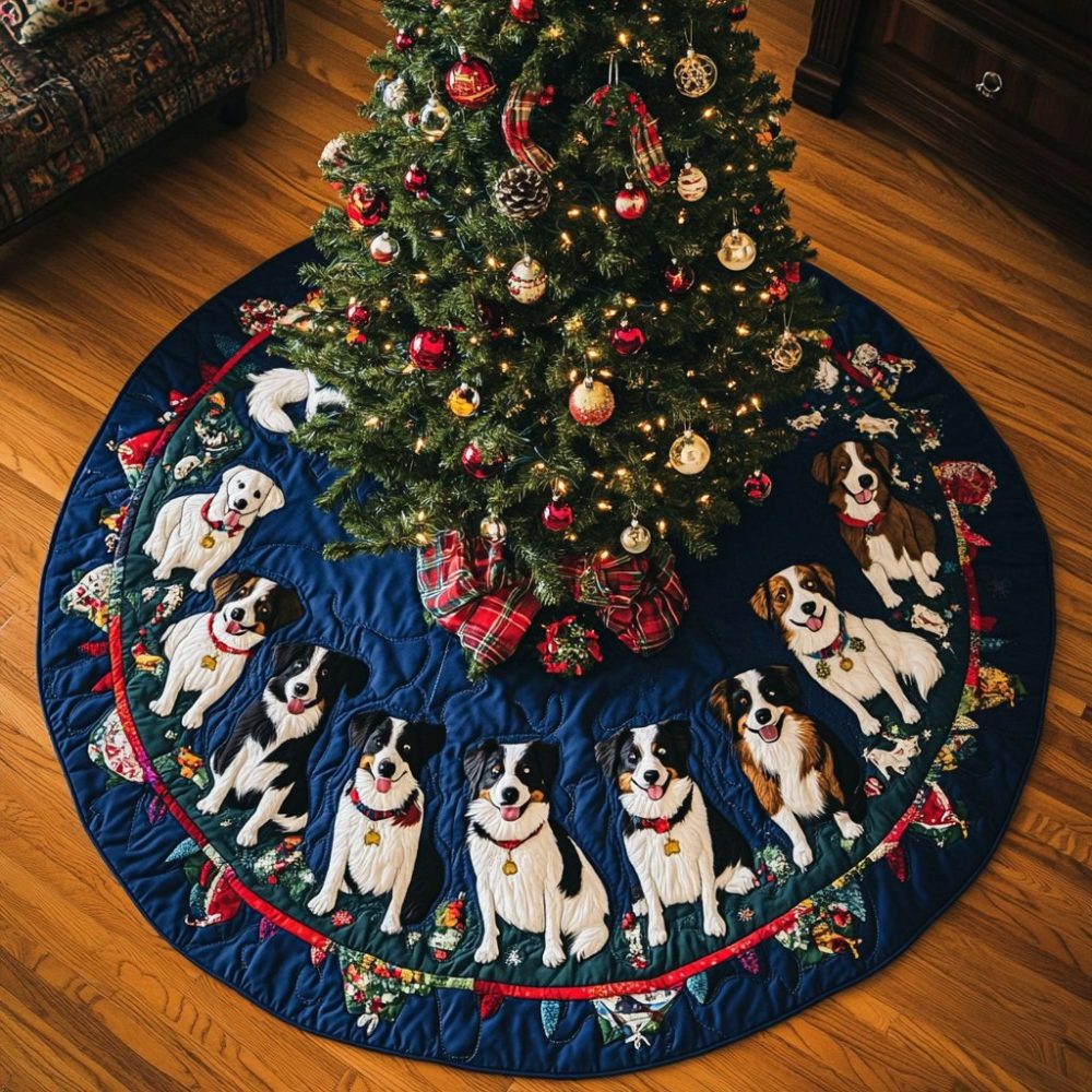 Navy Border Collie Christmas Tree Skirt - Classic Dark Blue Holiday Tree Collar Featuring Border Collie Designs, Custom & Handcrafted