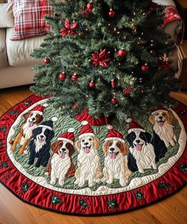 Santa Hat Border Collie Puppy Tree Skirt - Festive Christmas Tree Collar With Border Collie Pups, Custom Handcrafted Holiday Pet Decor