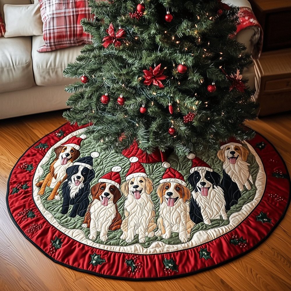 Santa Hat Border Collie Puppy Tree Skirt - Festive Christmas Tree Collar With Border Collie Pups, Custom Handcrafted Holiday Pet Decor