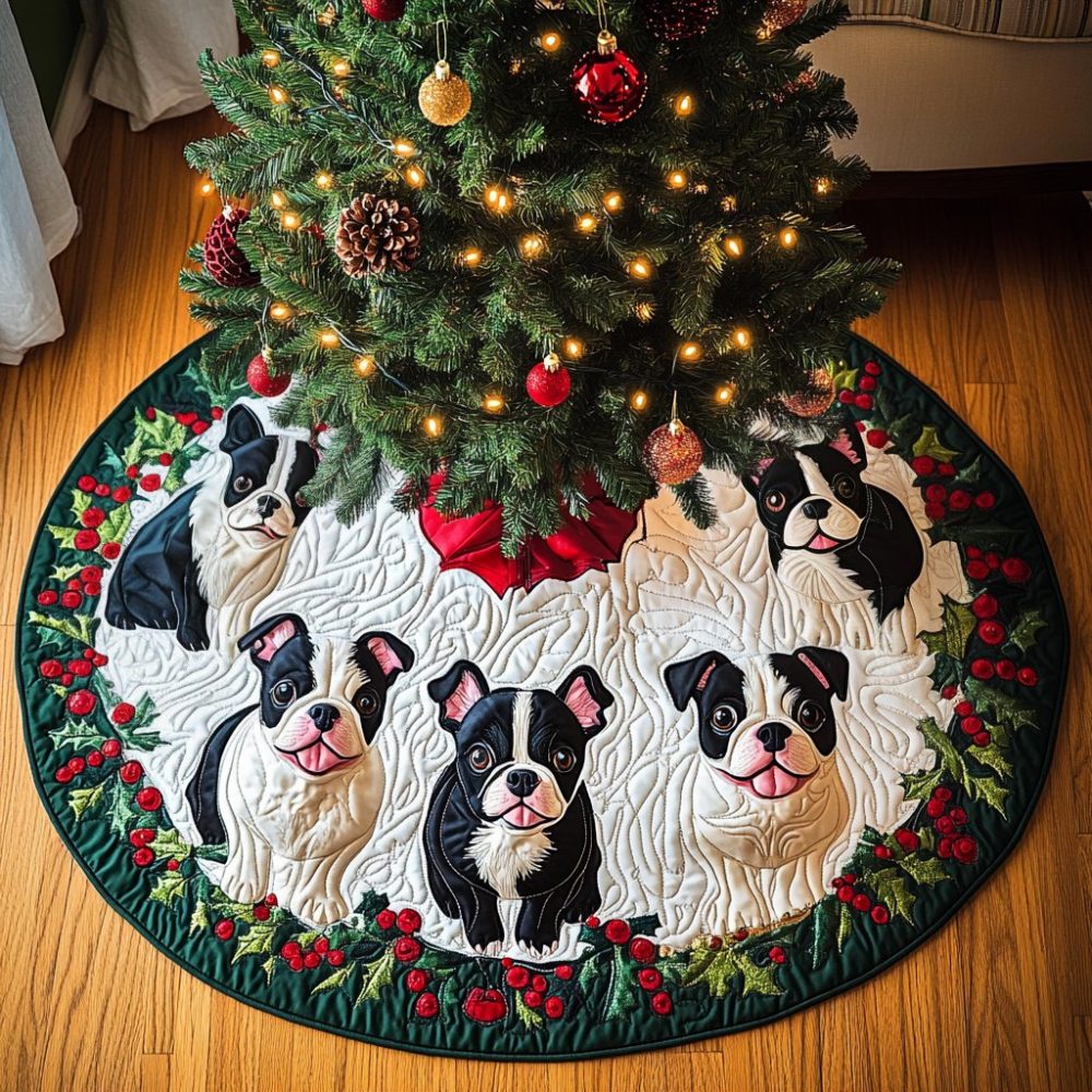 Boston Terrier Sleigh Bells Tree Skirt: Personalized Handcrafted Holiday Cover, Custom Pet Décor, Made-To-Order Christmas Accent