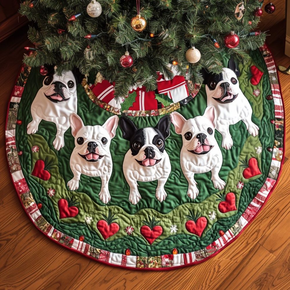 Boston Terrier Sleigh Ride Tree Skirt — Custom Handcrafted Holiday Cover, Festive Pet-Themed Décor, Personalized Made-To-Order