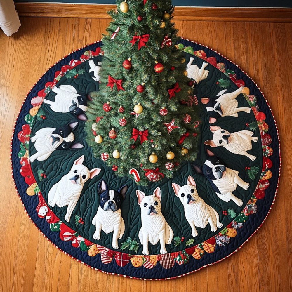 Boston Terrier Under The Mistletoe Tree Skirt: Custom Holiday Dog Cover, Handcrafted Festive Décor, Personalized Made-To-Order
