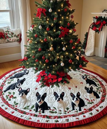 Boston Terrier Wrapped In Lights Tree Skirt — Custom Holiday Dog Tree Cover, Handcrafted, Personalized Made-To-Order Décor