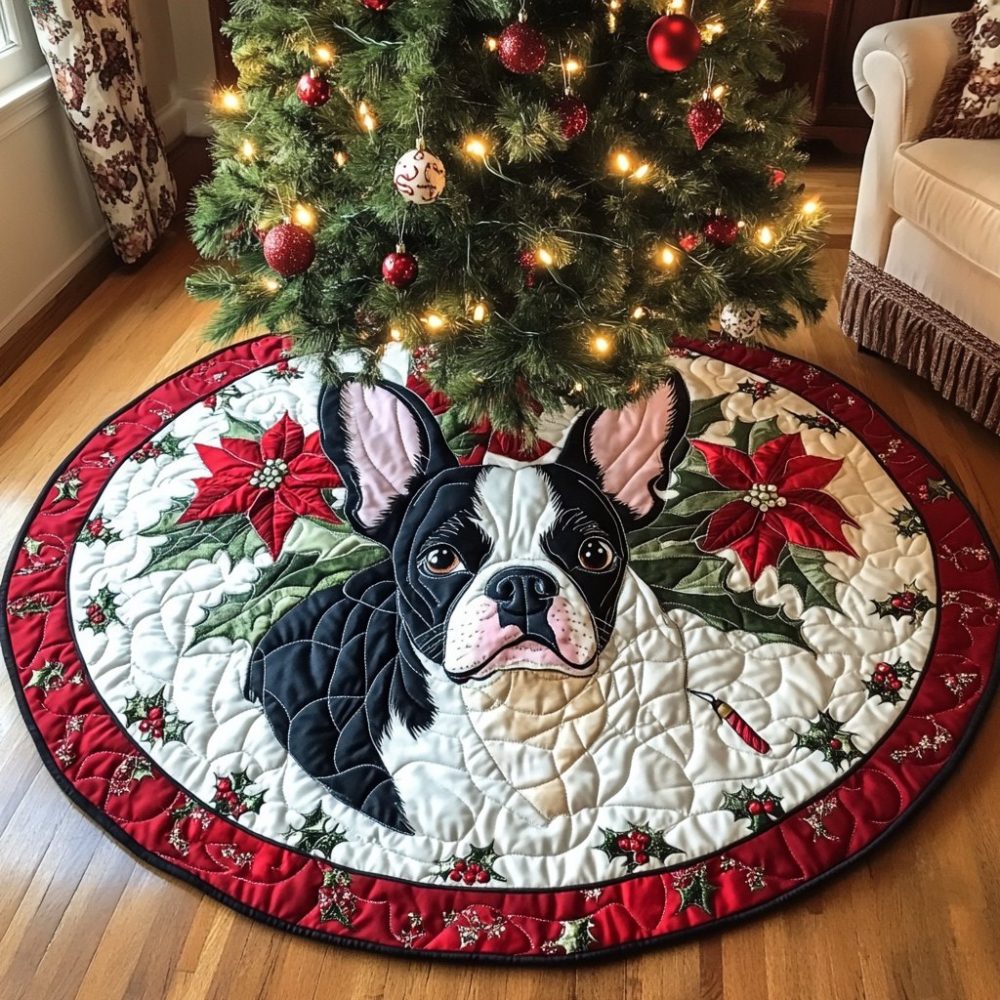 Custom Boston Terrier Yuletide Tree Skirt: Handcrafted Holiday Cover, Personalized Pet-Themed Christmas Décor, Made-To-Order