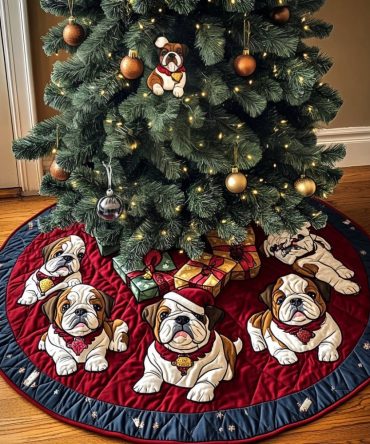 Blessed Bulldog Holiday Tree Skirt — Personalized Christmas Skirt With Cozy Textures, Custom Embroidery Available, Handcrafted
