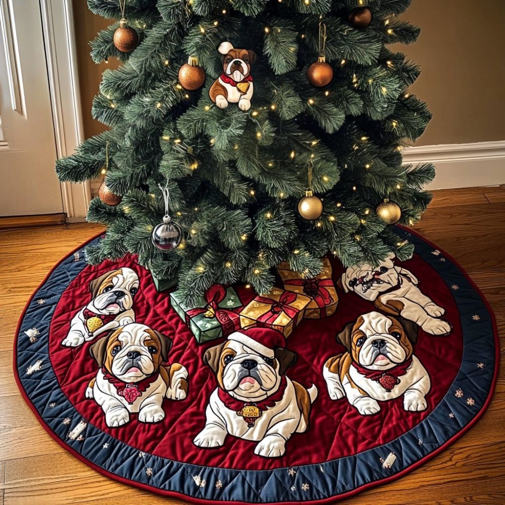 Blessed Bulldog Holiday Tree Skirt — Personalized Christmas Skirt With Cozy Textures, Custom Embroidery Available, Handcrafted