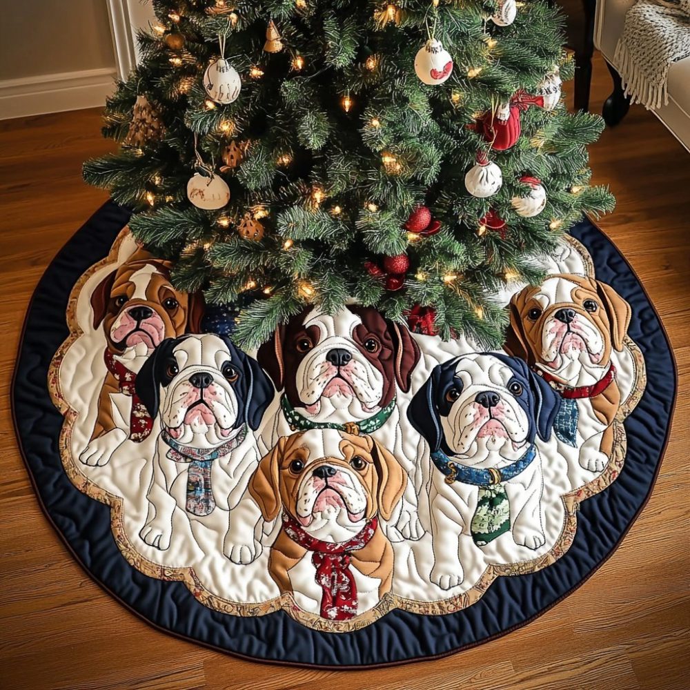 Winter Scarf Bulldog Pup Tree Skirt - Cozy Holiday Tree Collar With Puppy Scarves, Custom Made Christmas Pet Decor, Handcrafted