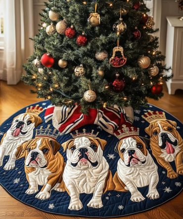 Royal Crown Bulldog Christmas Tree Skirt - Regal Holiday Tree Collar With Crowned Bulldog Motifs, Custom Handcrafted Gift For Dog Lovers