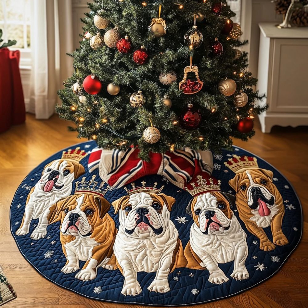 Royal Crown Bulldog Christmas Tree Skirt - Regal Holiday Tree Collar With Crowned Bulldog Motifs, Custom Handcrafted Gift For Dog Lovers