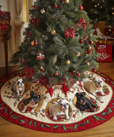Custom Bulldog Delight Tree Skirt — Personalized Cheerful Holiday Mat With Bulldog Artwork, Handmade Premium Christmas Décor