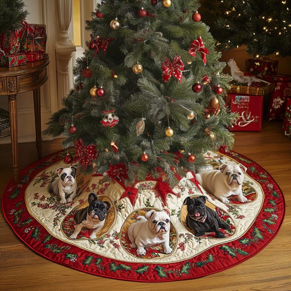 Custom Bulldog Delight Tree Skirt — Personalized Cheerful Holiday Mat With Bulldog Artwork, Handmade Premium Christmas Décor