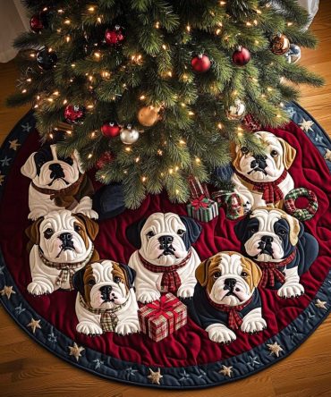 Personalized Bulldog Dreams Tree Skirt — Handmade Dreamy Holiday Mat With Custom Name, Soft Durable Christmas Décor