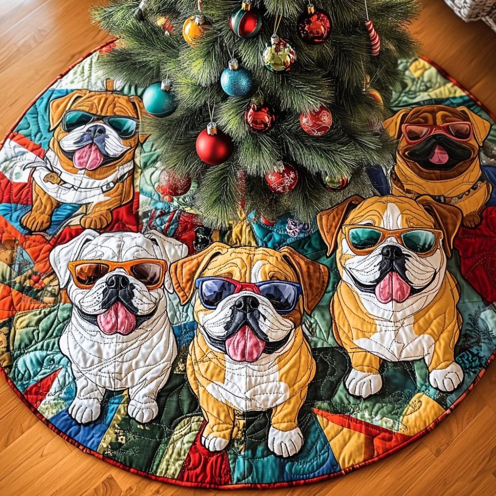 Personalized Bulldog Festive Adventure Tree Skirt — Handmade Playful Holiday Mat With Custom Name, Durable Pet-Friendly Décor