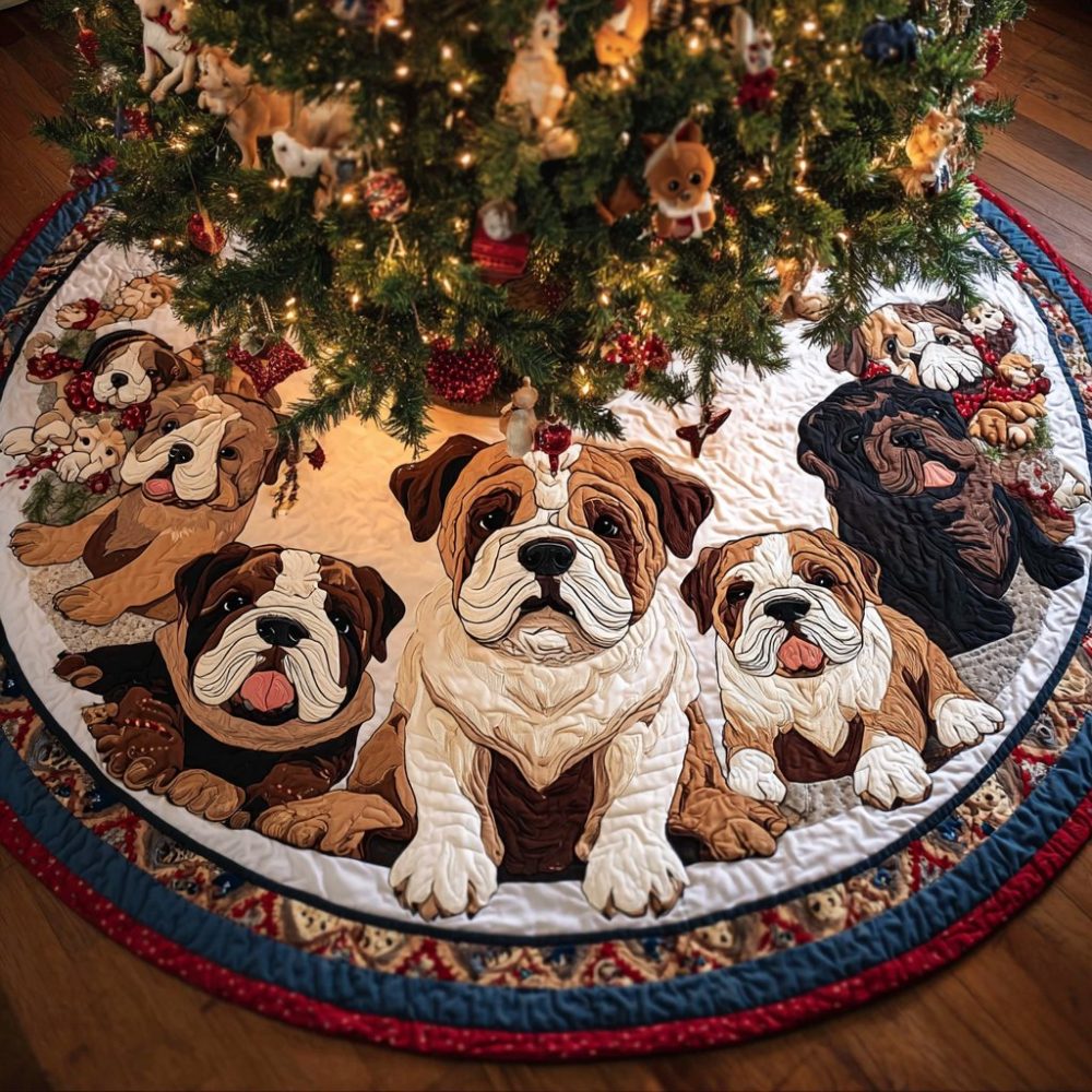 Custom Bulldog Heart Tree Skirt — Personalized Love-Themed Christmas Mat, Handmade Plush Pet Décor With Name Option