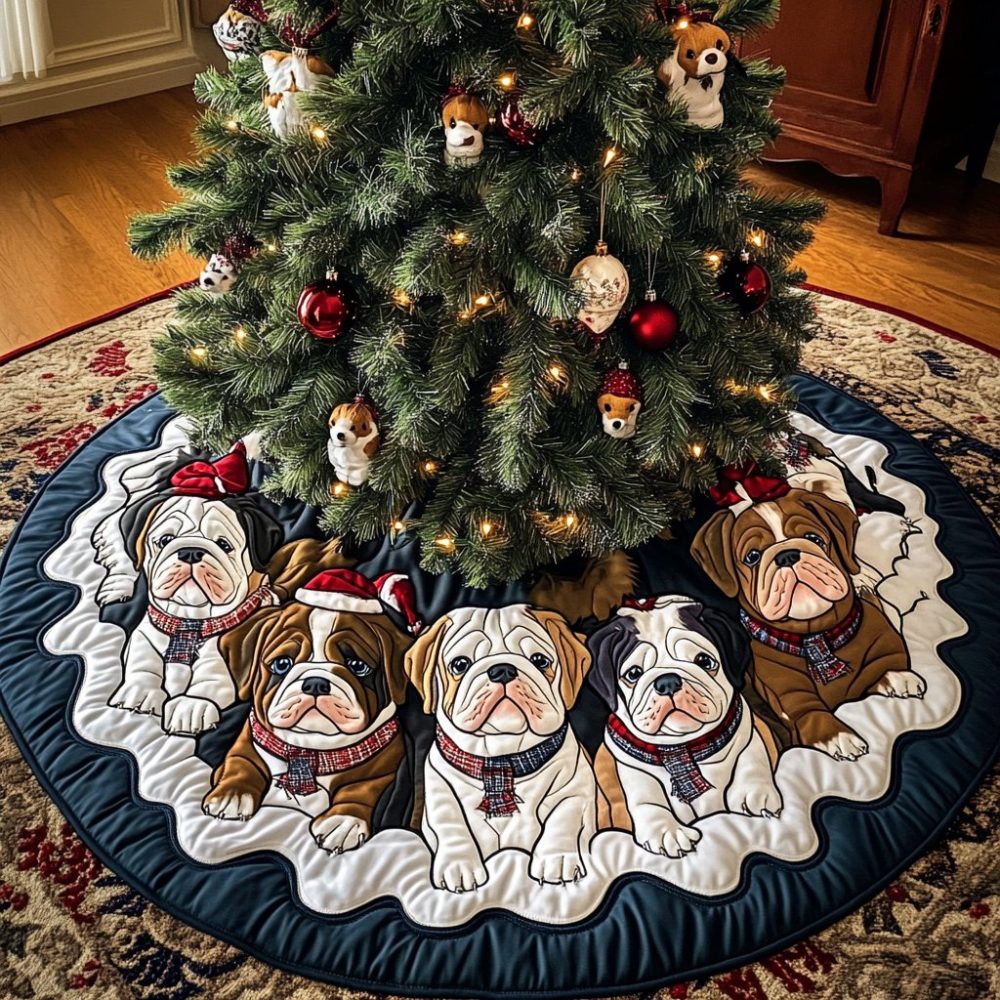 Emerald Bulldog Family Tree Skirt - Lux Green Holiday Tree Collar With Bulldog Family Portraits, Custom Handmade For Pet Lovers