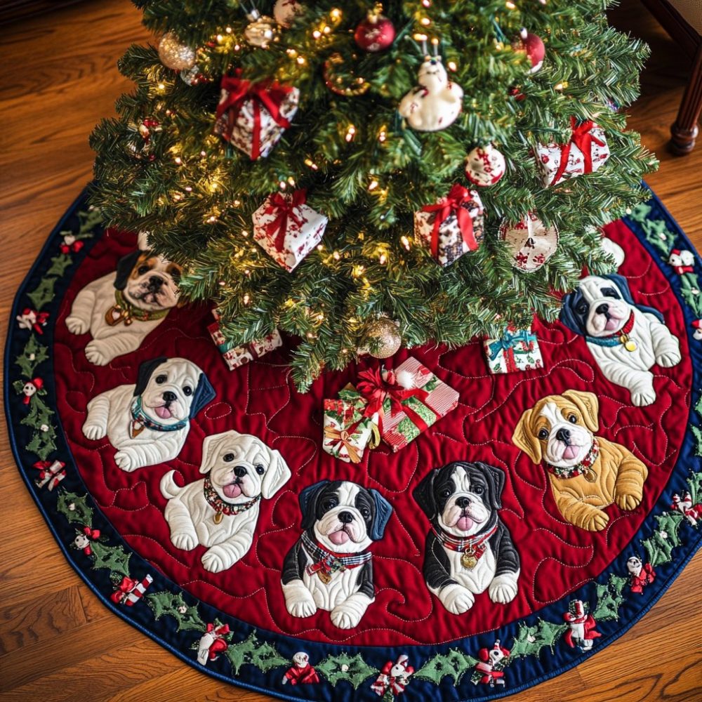 Personalized Bulldog Joy Tree Skirt — Handmade 'Joy' Holiday Mat With Custom Pet Name, Soft Durable Christmas Decor