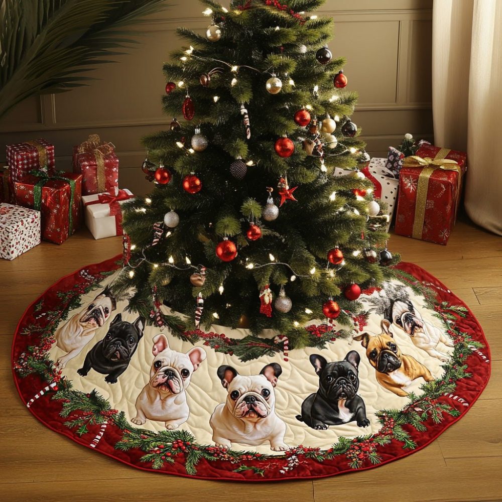 Cream French Bulldog Christmas Tree Skirt - Chic Neutral Holiday Tree Collar With Frenchie Design, Custom Handcrafted & Gift-Ready