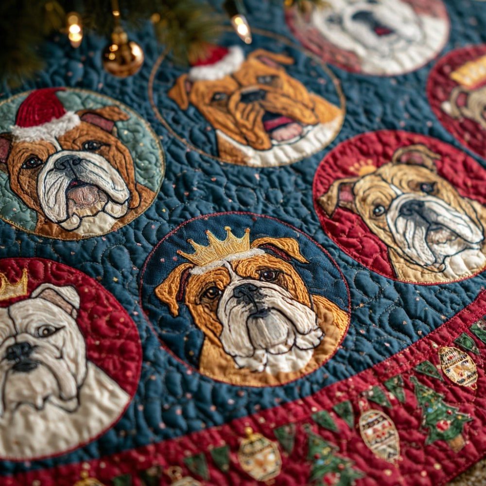 Navy Bulldog Medallion Tree Skirt - Elegant Dark Blue Holiday Tree Collar With Bulldog Emblems, Custom Made For Pet Lovers