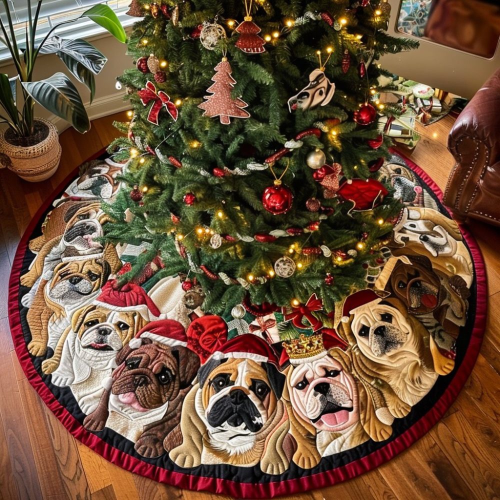Christmas Tree Skirt With Bulldogs Under Tree - Custom Holiday Pet Decor, Handcrafted Tree Collar Featuring Festive Bulldog Designs