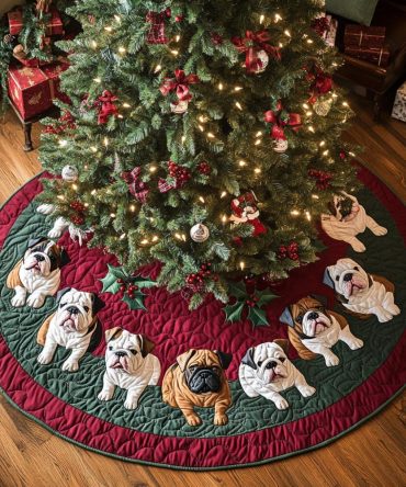 Burgundy Bulldog Pups Tree Skirt - Handcrafted Maroon Holiday Tree Collar With Adorable Bulldog Puppies, Customizable For Gifts