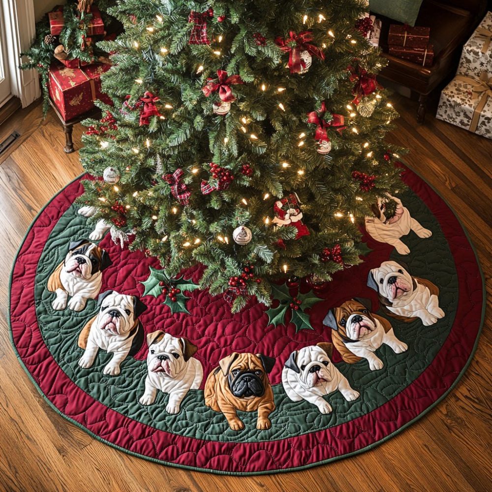 Burgundy Bulldog Pups Tree Skirt - Handcrafted Maroon Holiday Tree Collar With Adorable Bulldog Puppies, Customizable For Gifts