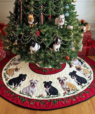 Bulldog Snowy Wishes Custom Tree Skirt - Handmade Christmas Skirt With Snowflake Bulldogs, Thick Insulated Backing, Fast Shipping