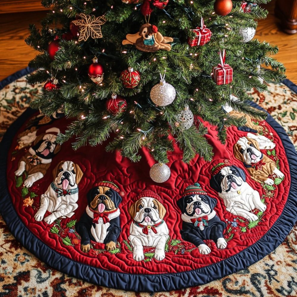 Bulldog Spirit Christmas Tree Skirt - Custom Patriotic Bulldog Holiday Skirt With Embroidered Details And Heavy-Duty Stitching