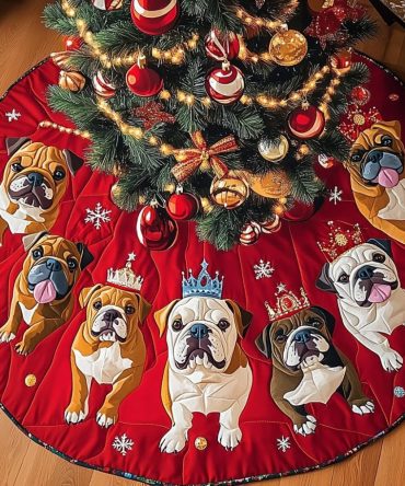 Bulldog Winter Cheer Personalized Tree Skirt - Custom Christmas Skirt With Playful Bulldogs And Cozy Fleece Backing, Gift-Ready Packaging