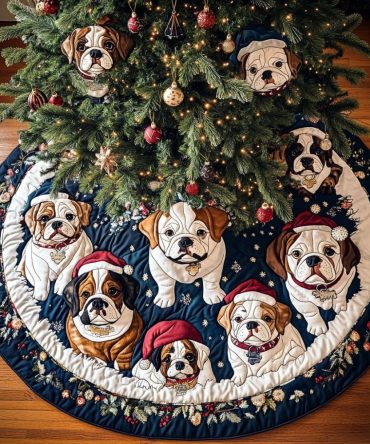 Bulldog Holiday Joy Christmas Tree Skirt - Custom Dog Lover Tree Skirt Featuring Festive Bulldogs, Durable Cotton, Machine Washable