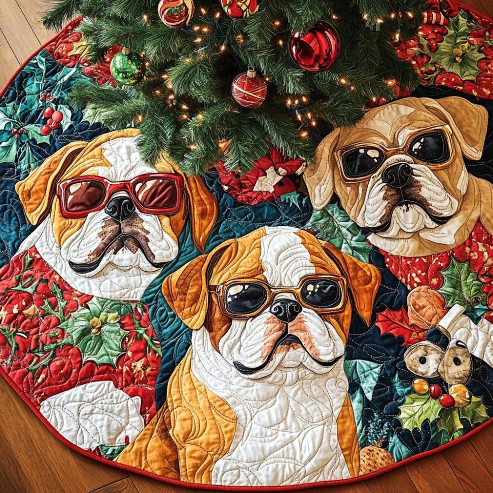 Cool Bulldog Sunglasses Christmas Tree Skirt - Fun Pet Holiday Decor, Custom Handcrafted Tree Collar Featuring Sunglass-Wearing Bulldogs