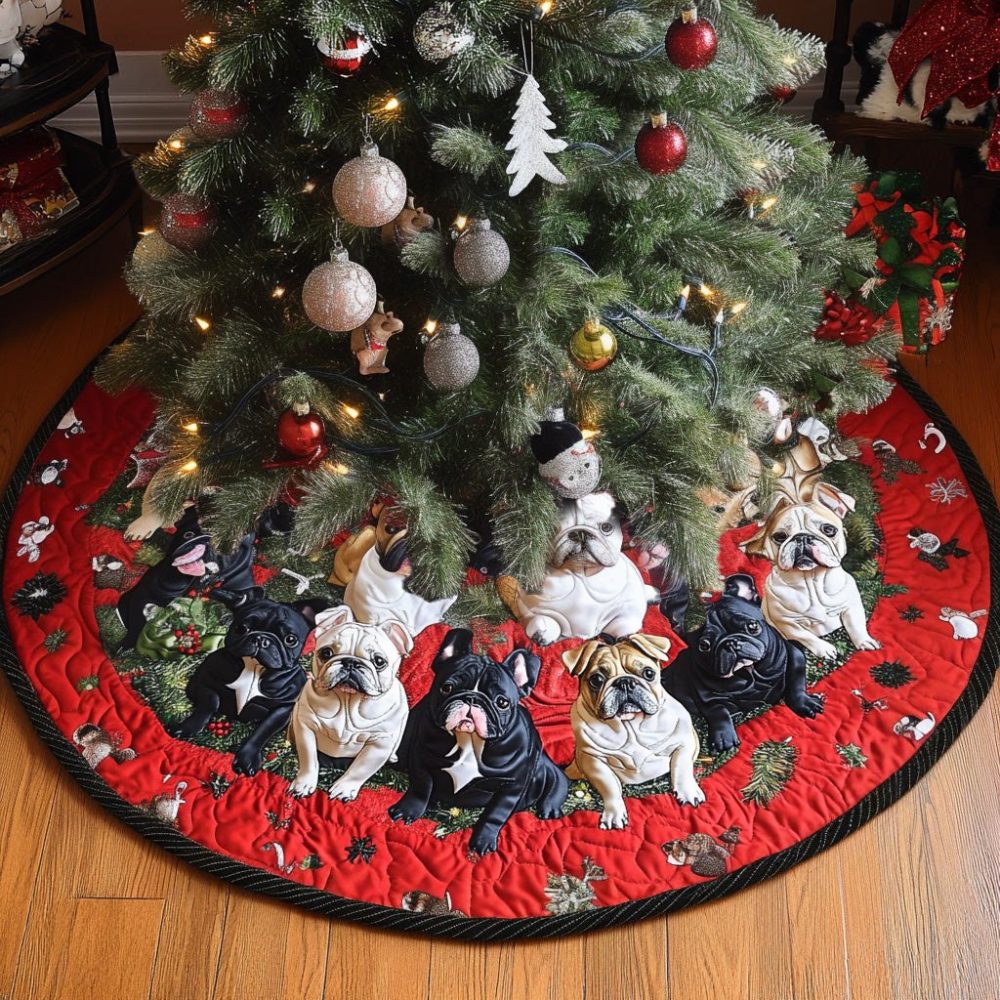 Red Bulldog Pack Christmas Tree Skirt - Custom Pet-Themed Holiday Tree Collar With Bulldog Designs, Personalized & Handcrafted